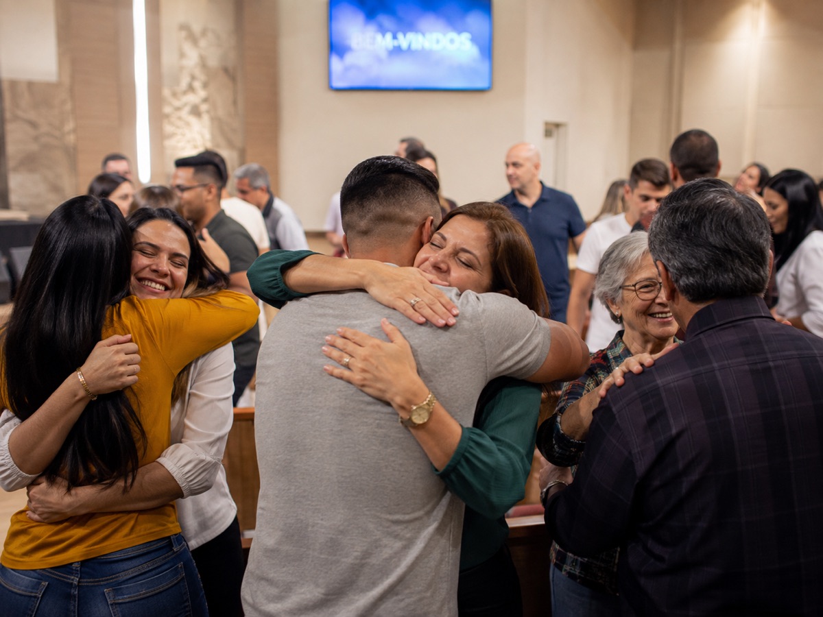 Membros de uma igreja se abraçando na acolhida antes do culto